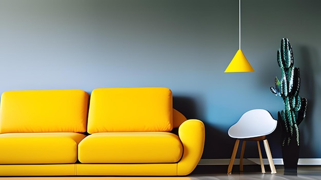 Scandinavian design style living room with a yellow sofa