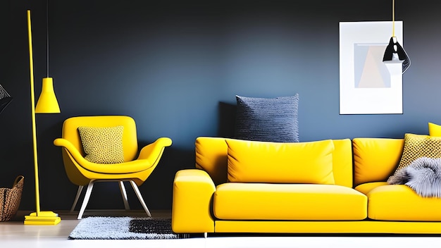 Scandinavian design style living room with a Yellow sofa