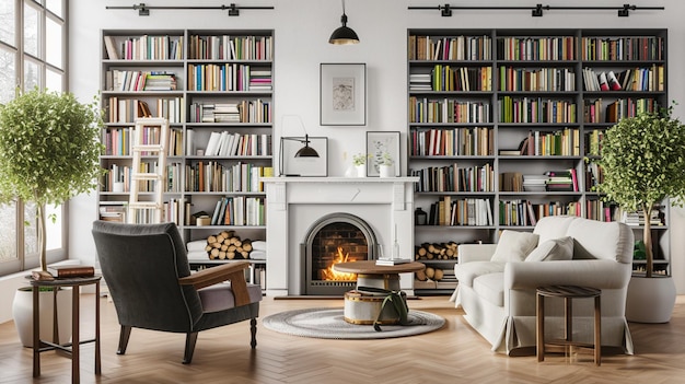 Scandinavian farmhouse style living room interior book library with fireplace Generative Ai