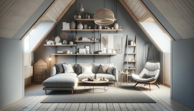 A Scandinavian home interior design of a modern living room in an attic featuring a sofa and lounge