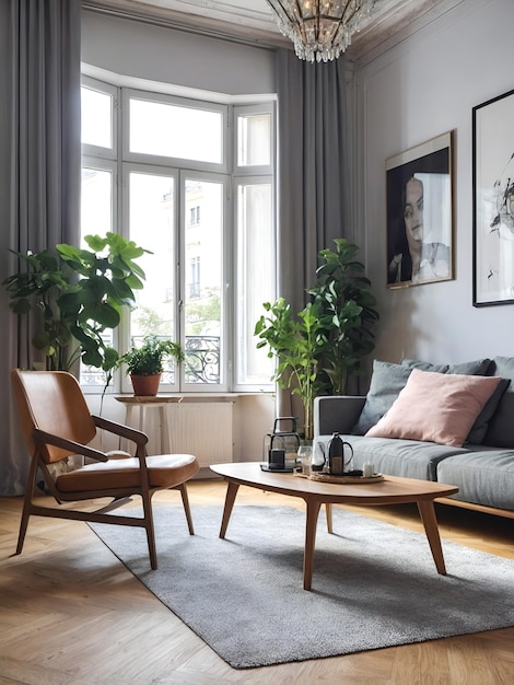 Фото Скандинавский дизайн интерьера современной гостиной в парижской квартире