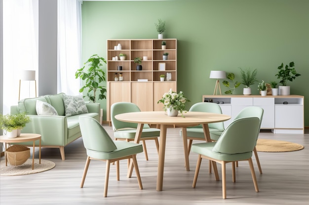 Scandinavian home interior mint chairs wooden table sofa cabinet green wall