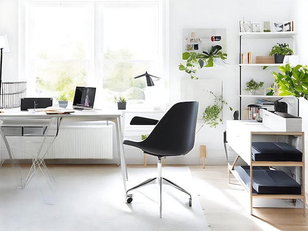 Скандинавский интерьер домашнего офиса с использованием рабочего стула