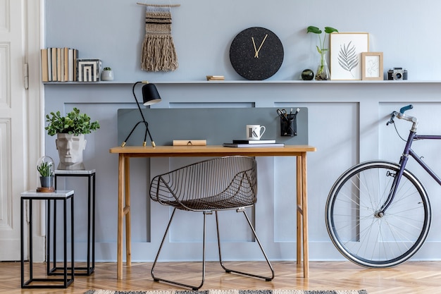 Scandinavian home office interior with wooden desk modern home\
decor template