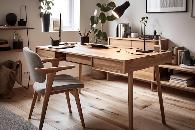 Scandinavian home office workstation desk A wooden desk with a white chair and a lamp on the wall