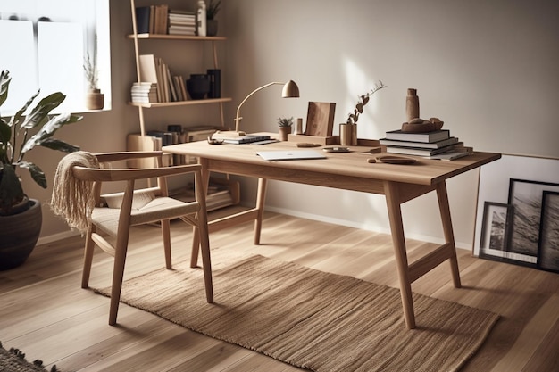 Scandinavian home office workstation desk A wooden desk with a white chair and a lamp on the wall