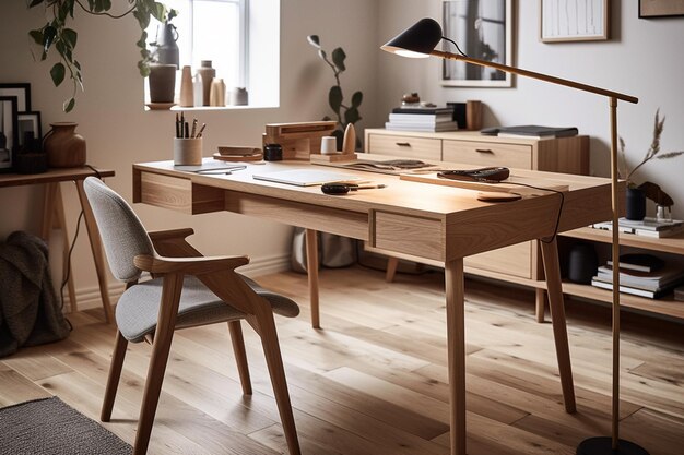 Scandinavian home office workstation desk A wooden desk with a white chair and a lamp on the wall