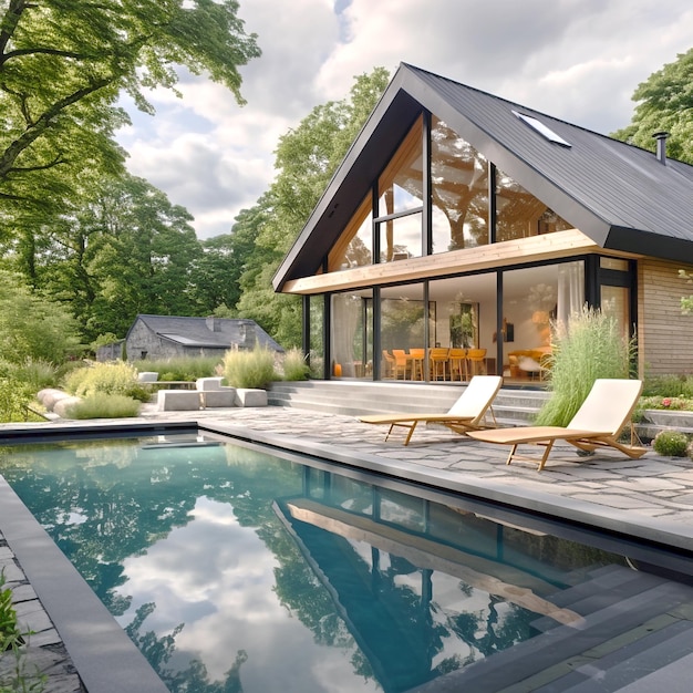 Scandinavian home style with garden and pool