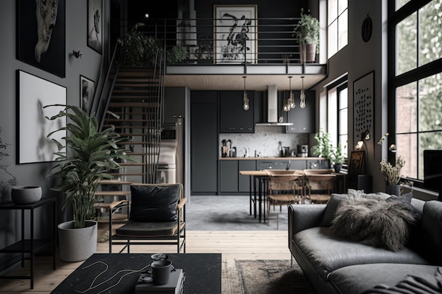Scandinavian home with industrial and metallic accents sleek design and minimalistic details created with generative ai