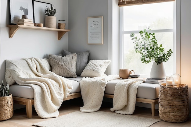 Photo scandinavian hygge cozy corner with textured blankets creating a comfortable reading or resting nook