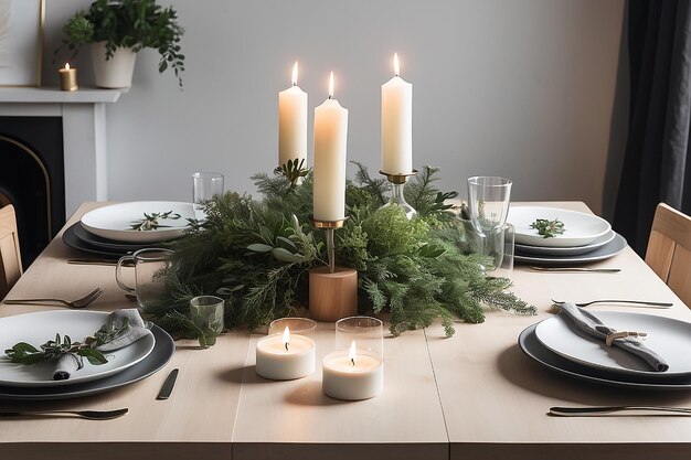 Photo scandinavian hygge dining table with candles and greenery