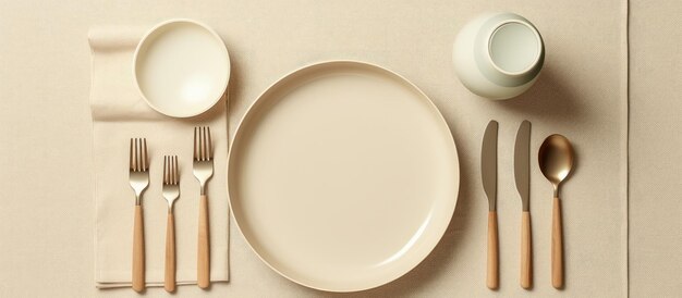 Scandinavian inspired modern ceramic tableware is arranged on a beige table with a top down view