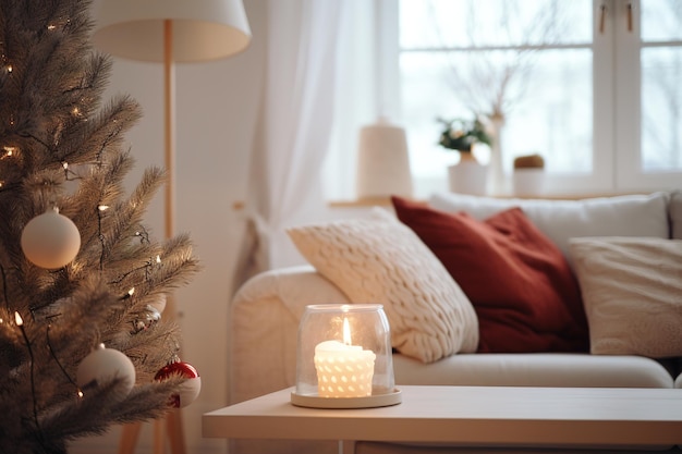 Scandinavian interior adorned with festive elements christmas tree sofa and coffee table