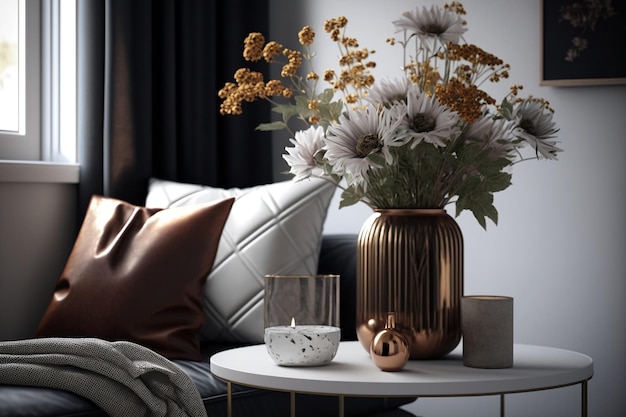 Scandinavian interior design of a living room featuring a vase of flowers and elegant personal accessories AI Art