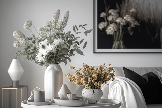 Foto interior design scandinavo di un soggiorno caratterizzato da un vaso di fiori ed eleganti accessori personali ai art