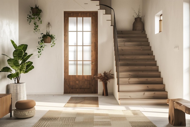 写真 スカンジナビア風のインテリアデザイン 現代的なエントランスホール グリッドドアの階段と田舎風の木製
