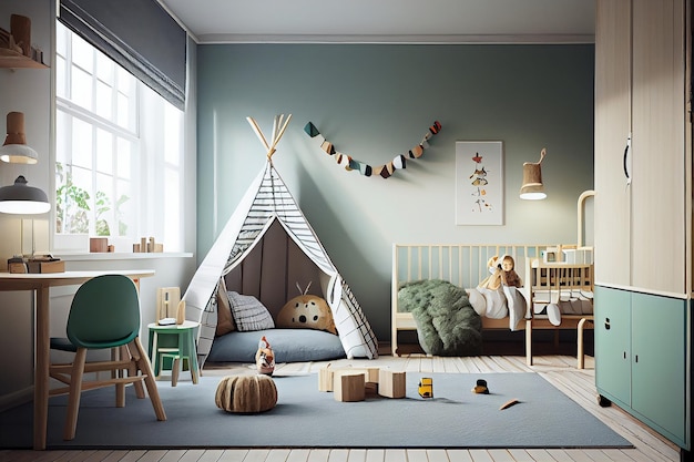 Scandinavian interior design of playroom with wooden cabinet