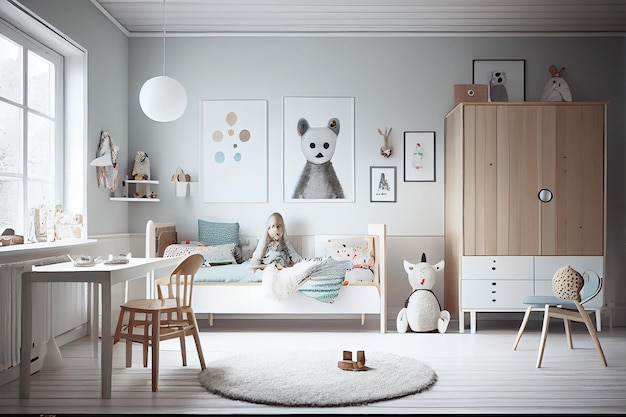 Scandinavian interior design of playroom with wooden cabinet