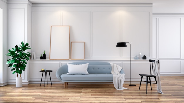 Scandinavian interior of living room, light gray sofa on white room,3d rendering