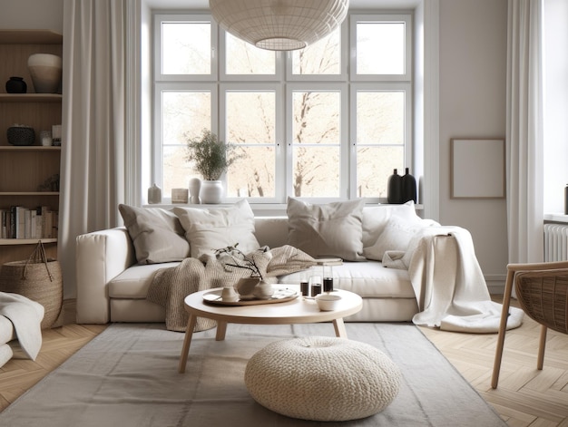 Scandinavian interior style livng room with sofa coffee table and decoration Generatvie AI