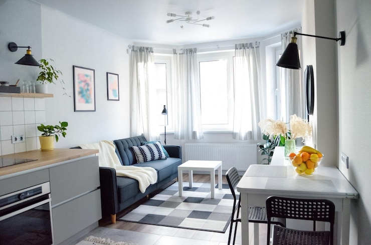 Photo scandinavian interior style modern studio small apartment in white and grey colors