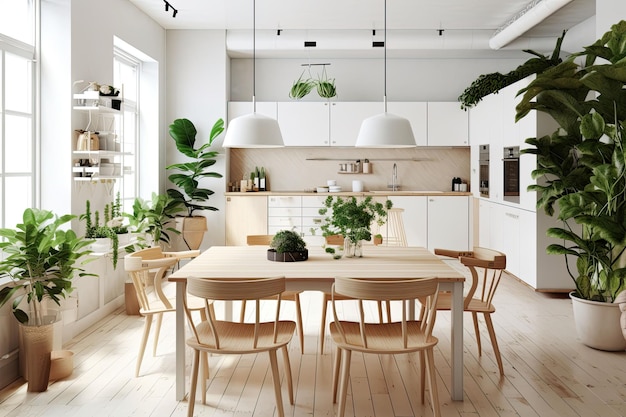 Scandinavian kitchen with wooden and white details Minimalist interior design Generative AI illustration