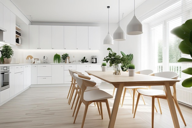 Скандинавская кухня с деревянными и белыми деталями Минималистский дизайн интерьера Generative AI
