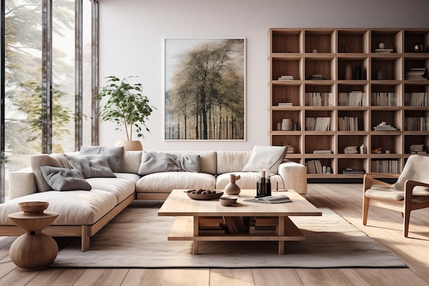 Scandinavian living room flooded with natural light through large windows