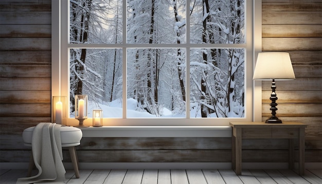 北欧のリビング ルームのイラスト、快適な家の暖かさ、窓の外の冬、北欧