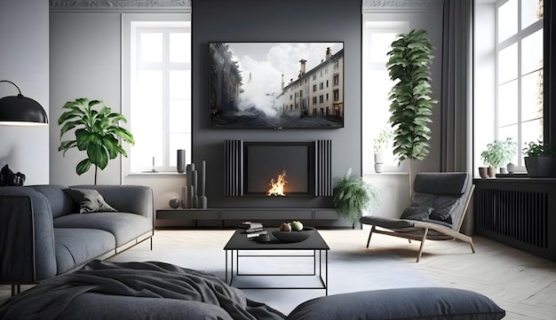 Scandinavian living room interior with big tv screen black modern fireplace and grey sofa generative ai