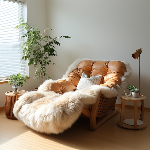 Scandinavian living room interior with brown leather chair and sheepskin throw