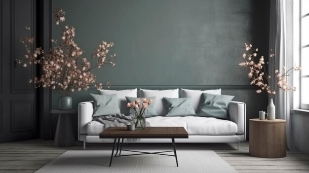 Scandinavian living room interior with design grey sofa AI Generative