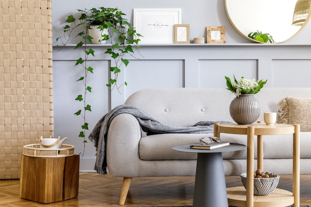 Interiore del soggiorno scandinavo con divano grigio design, tavolino in legno, piante tropicali, mensola, specchio, mobili, cuscino a quadri, teiera, libro ed eleganti accessori personali nell'arredamento della casa.