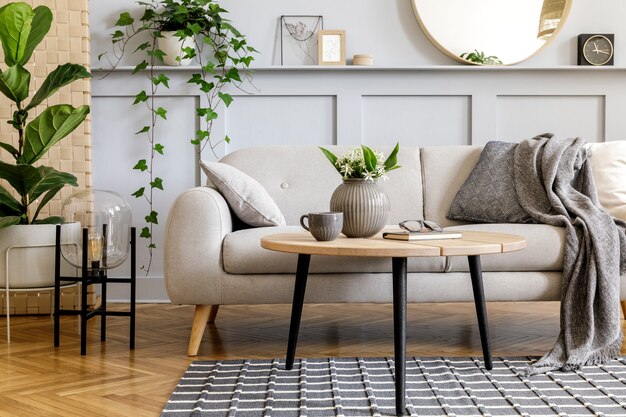 Scandinavian living room interior with design grey sofa, wooden coffee table, tropical plants, shelf, mirror, furniture, plaid pillow, teapot, book and elegant personal accessories in home decor.