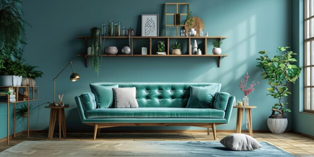 Photo scandinavian living room interior with turquoise sofa and wooden shelving unit against teal wall