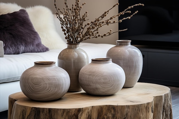 Foto salotto scandinavo tavolo da caffè rotondo vasi decorativi divano beige e accento di pelliccia