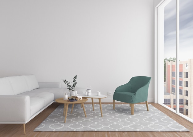 Scandinavian living room with blank wall.