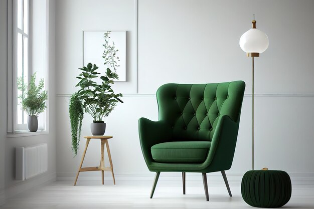 빈 흰색 벽 배경에 녹색 안락의자가 있는 스칸디나비아 거실 Generative Ai