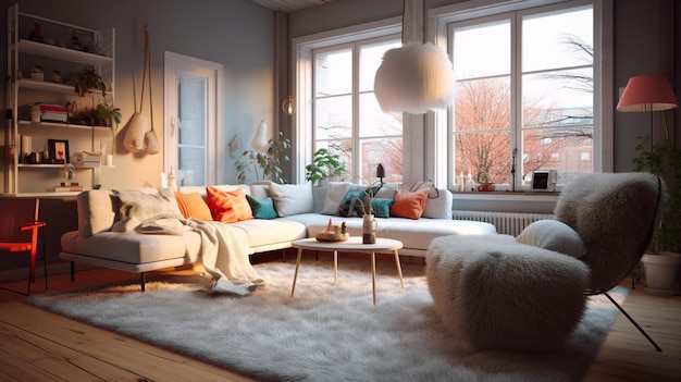 A Scandinavian living room with a mix of textures such as a shaggy rug knitted poufs and velvet c