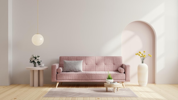 Scandinavian living room with pink sofa on empty white wall background