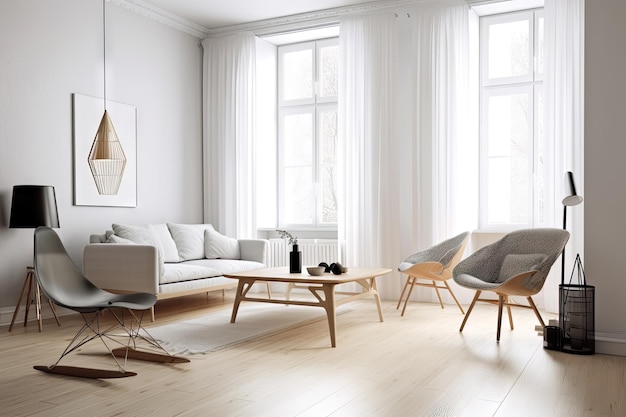 Скандинавская гостиная с элегантной мебелью и минималистским декором