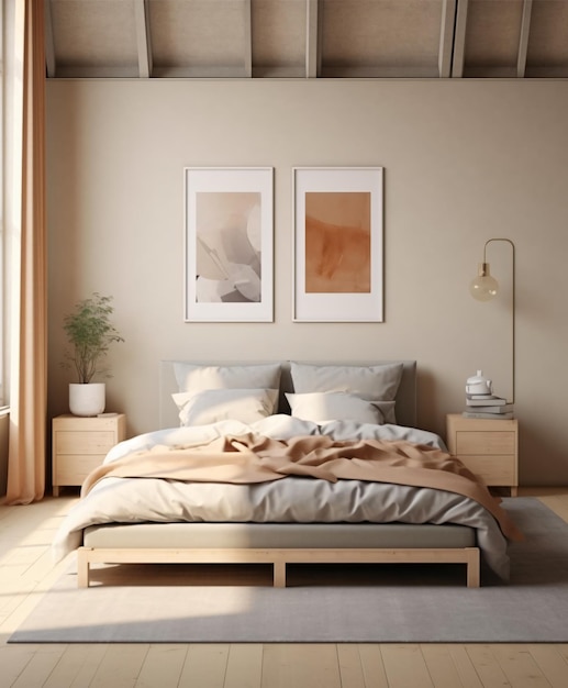 Scandinavian minimalist bedroom with wall frame mockup