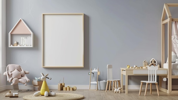 Скандинавская макетная рама в детской комнате с натуральной деревянной мебелью в стиле Generative Ai
