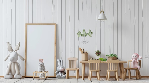 Photo scandinavian mock up frame in children room with natural wooden furniture style generative ai