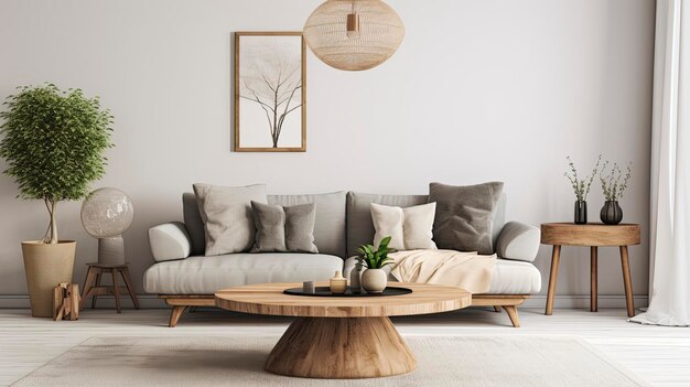 Scandinavian modern living room with rustic round wood table and sofa with grey pillows ai generated