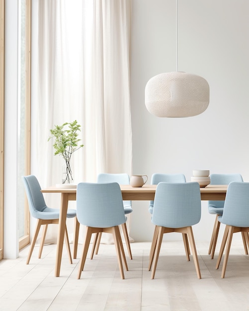 Scandinavian Nordic style dining room blue fabric chairs