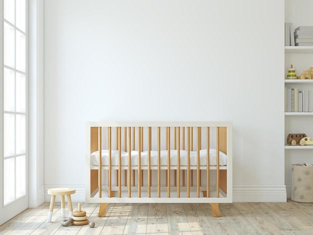 Scandinavian nursery The wooden crib near empty white wall Interior mockup 3d rendering