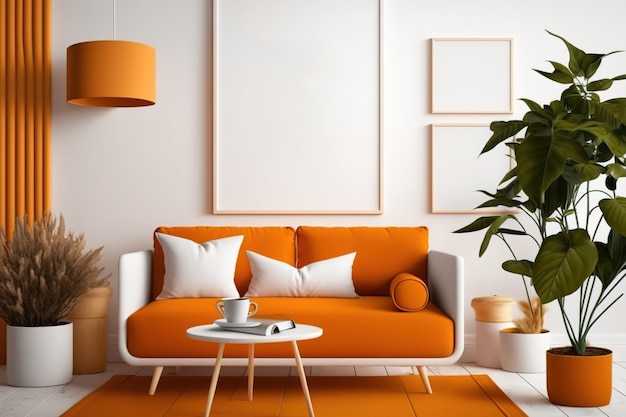 Scandinavian orangetoned living room with parquet floor frame mockup with copy space sofa carpet lamp rattan table potted plants and decor modern interior design illustration