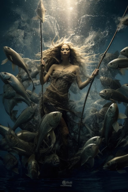 A scandinavian pagan goddess ran in a long dress is holding her staff in the water generative ai