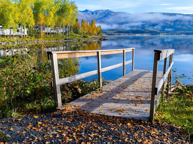 Scandinavian pier lake fog fjord